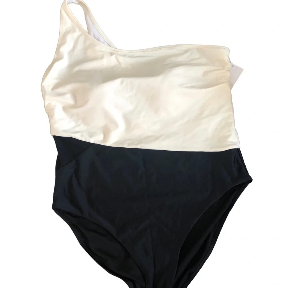 FULLFITALL One Shoulder One Piece Swimsuit Black White Size 14 NWT